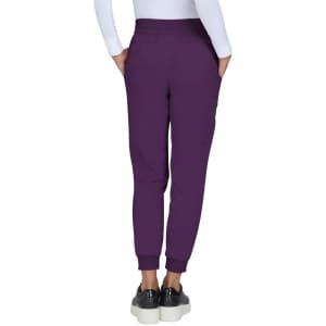 A pair of purple jogger pants with a fitted cuff and side pockets, viewed from the back.