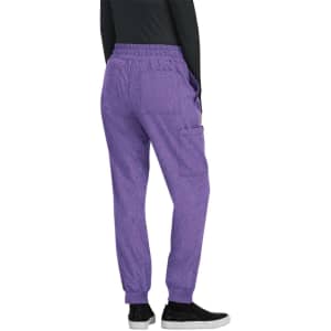 A pair of purple jogger pants featuring an elastic waistband and side pockets, set against a neutral background.