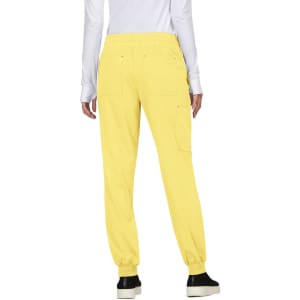 A pair of yellow jogger pants with an elastic waistband and back pockets, viewed from the rear.