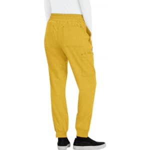 A pair of yellow jogger pants with a back pocket, featuring an elasticated waistband and tapered legs.