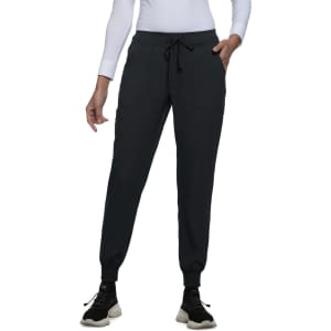 A pair of black jogger pants with an elastic waistband and drawstring, featuring side pockets. A brand logo is present.