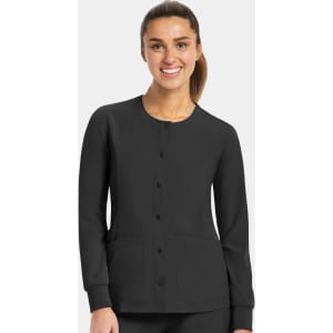 A black women's round neck snap jacket with long sleeves and front pockets, featuring a branding logo.