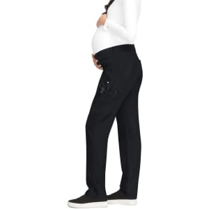 A pair of black maternity pants designed for comfort, featuring a side pocket and a stretchy waistband.