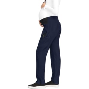 A side view of navy maternity pants featuring a supportive waistband and pockets, designed for comfort.