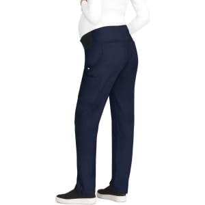 A pair of navy maternity pants with pockets, featuring a flexible waistband suitable for expectant mothers.