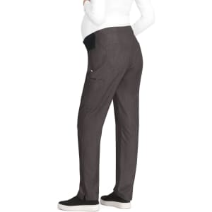 A pair of grey maternity pants with a black panel, featuring pockets and a relaxed fit, shown from the back.