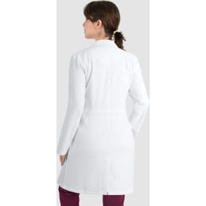 A unisex full-length lab coat in white, featuring a sleek design and fitted silhouette, shown from the back.