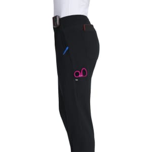 A pair of black jogger pants with a logo, featuring side pockets and a comfortable fit.