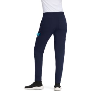 Navy jogger pants with a fitted style and side pockets, featuring a logo on the front.