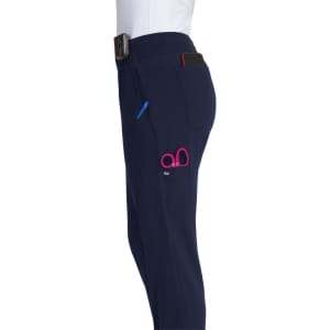 A pair of navy joggers featuring a logo, with pockets for a phone and pen.
