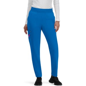 A pair of blue jogger pants with an elastic waistband and a pink accent on the side, featuring pockets.