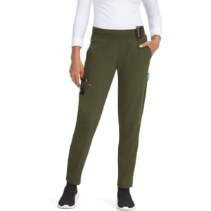 A pair of olive green jogger pants with multiple pockets, worn by a person standing upright. The pants have a comfortable fit.