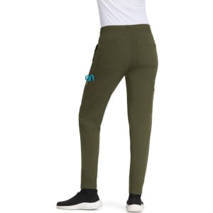 Comfortable olive green jogger pants with side pockets, featuring a logo on the back pocket. Suitable for casual wear.