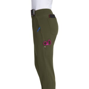 A pair of olive green jogger pants with pockets on the sides and a logo. The pants feature a sleek design.