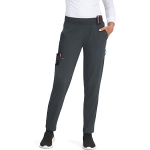 A pair of dark grey jogger pants with pockets, featuring a loose fit and a comfortable waistband.