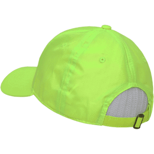 A neon yellow cap with a structured design, featuring a back mesh panel and an adjustable strap.