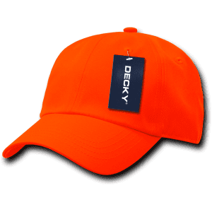 A neon orange cap with a low-profile design and a tag, featuring a logo on the front.