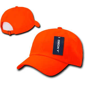 A neon orange cap with a structured six-panel design and a brand tag attached.