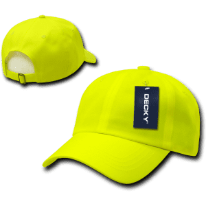 A neon yellow 6-panel low profile structured cap, featuring a tag and a rear strap.