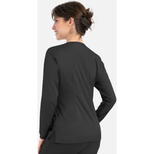 A black women's round neck snap jacket with long sleeves and a sleek design, featuring a subtle logo.