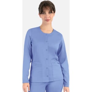 A round neck snap jacket in light blue, featuring long sleeves and front pockets, with a logo present.