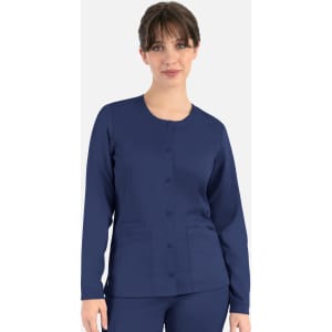 A navy blue women's round neck snap jacket with long sleeves and two front pockets, featuring a logo.