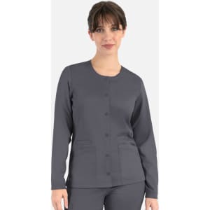 A women's round neck snap jacket in grey, featuring long sleeves and front pockets, with a logo.