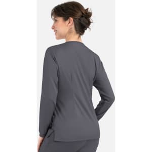 A women's round neck snap jacket in dark grey, featuring long sleeves and a sleek, fitted design.