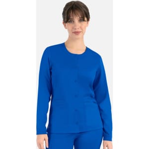 A women's round neck snap jacket in vibrant blue, featuring long sleeves and two front pockets. It has a logo.
