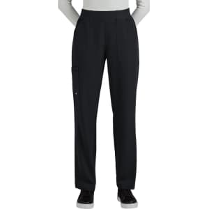 A pair of black boot cut pants with multiple pockets, featuring a logo on the side.