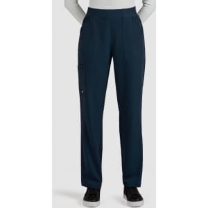 Navy boot cut pants with two front pockets and a side pocket, displayed on a model. Features a subtle logo.