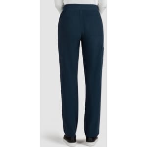 A pair of navy boot cut pants featuring a waistband and side pockets, viewed from the back.