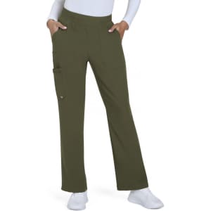 An olive green boot cut pant with pockets, featuring a stretchy waistband and a logo on the side.