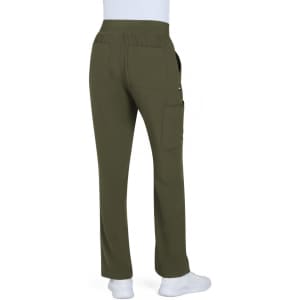 A pair of olive green boot cut pants with a pocket, viewed from the back, featuring an elastic waistband.