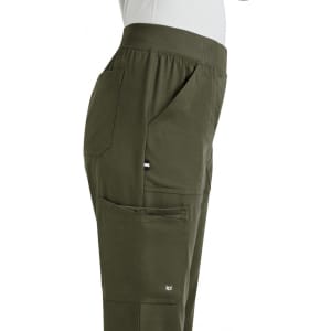 A pair of olive green boot cut pants with multiple pockets and an elastic waistband, featuring a small logo.