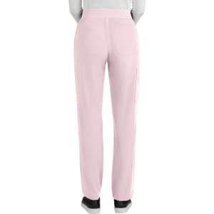A pair of boot cut pants in a light pink colour, featuring an elastic waistband and back pockets.
