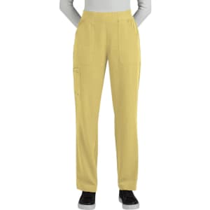 A pair of yellow boot cut pants with pockets, featuring a soft fabric and elastic waistband.