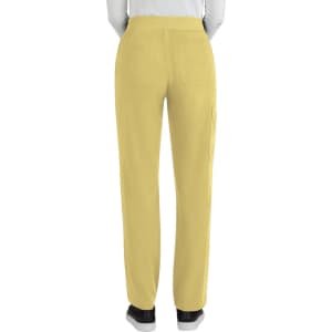 A pair of yellow boot cut pants is displayed from the back, featuring an elastic waistband and pockets.