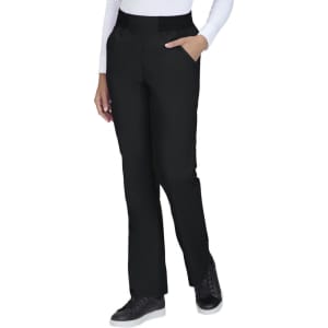 A pair of black pants with a straight leg design and side pockets, worn with a white top and black shoes.