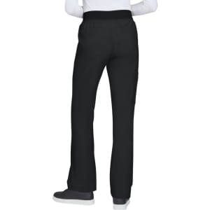 Black pants with a relaxed fit and elastic waistband, featuring a side pocket and worn with grey shoes.
