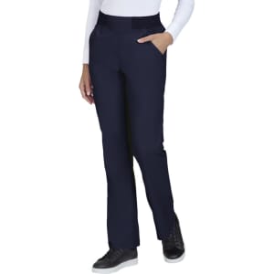 A pair of navy Wrenlee pants featuring a slim fit and side pockets, worn with a white top and black shoes.