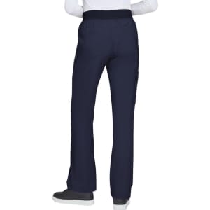 A pair of navy trousers with a waistband and a side pocket, shown from the back, with a person wearing a white top.