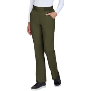 A pair of olive green pants with a fitted design and side pockets, displayed on a model.