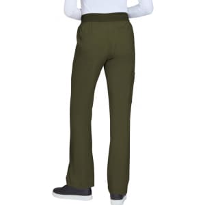 A pair of olive green pants with a stretchy waistband, featuring a logo, viewed from the back.