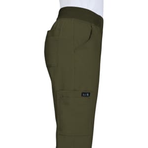 A pair of olive green pants with side pockets and a logo, displayed from the side.