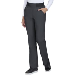 A pair of black pants with a slim fit and pockets, featuring a smooth fabric texture.
