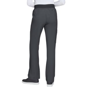 A pair of grey pants with a relaxed fit, featuring a waist band and back pockets, displayed from the back.