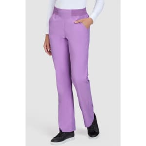 A pair of purple pants with a fitted waist and side pockets, worn by a woman. Features a logo on the garment.