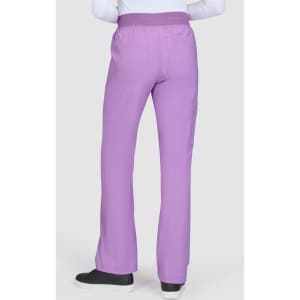 A pair of lilac pants with a relaxed fit and pockets, viewed from the back. The pants feature an elastic waistband.