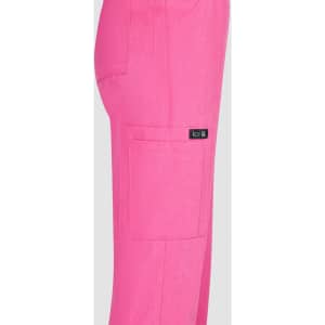 A pair of bright pink pants with a side pocket and a logo tag.